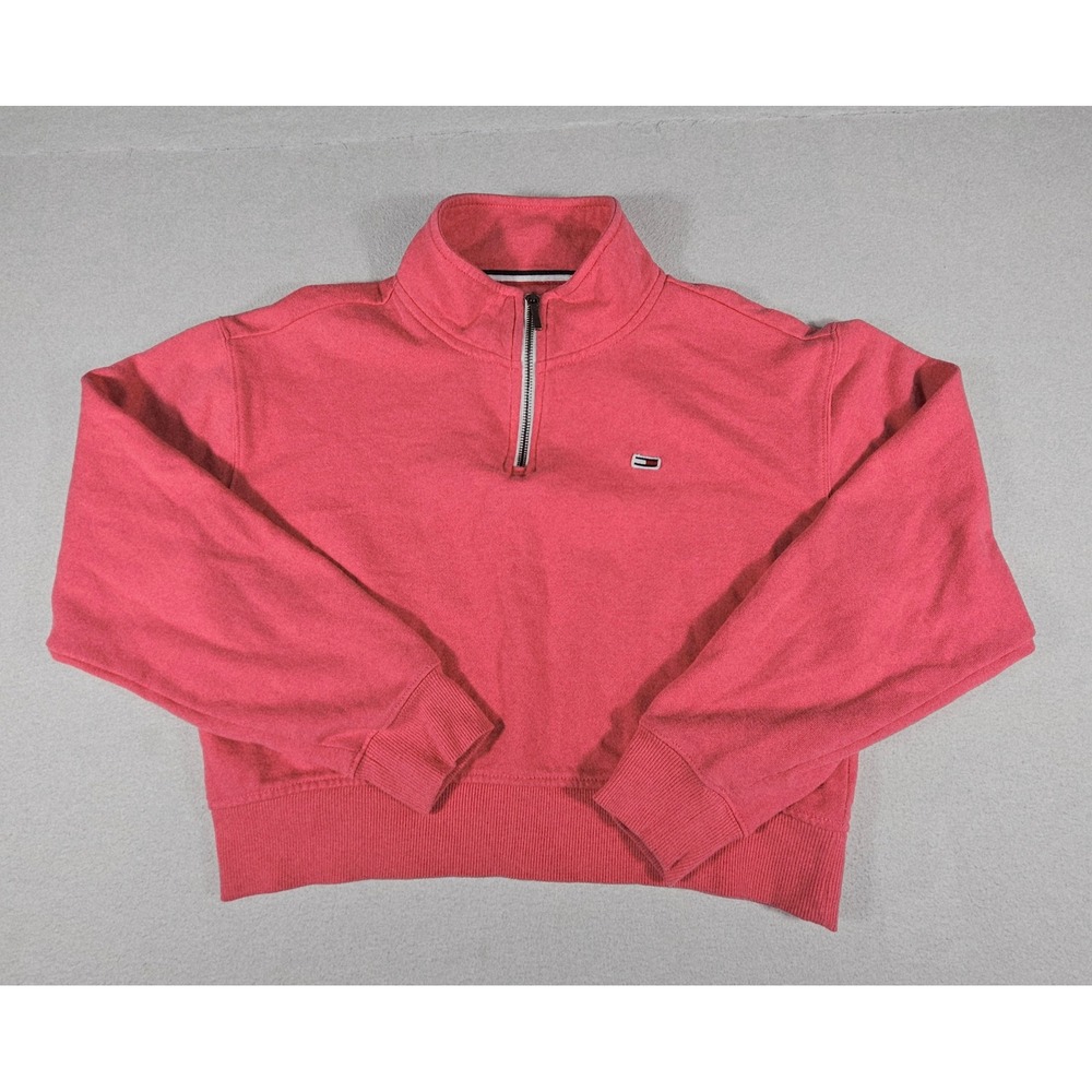 Tommy Jeans Womens Quarter Zip Sweatshirt Coral Pink Cropped Fleece T12H0CIH M